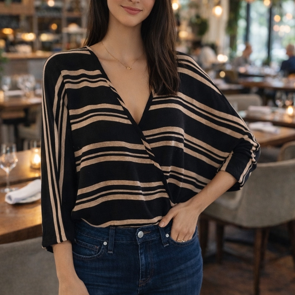 Sadie & Sage Black and Tan Striped V-Neck Blouse